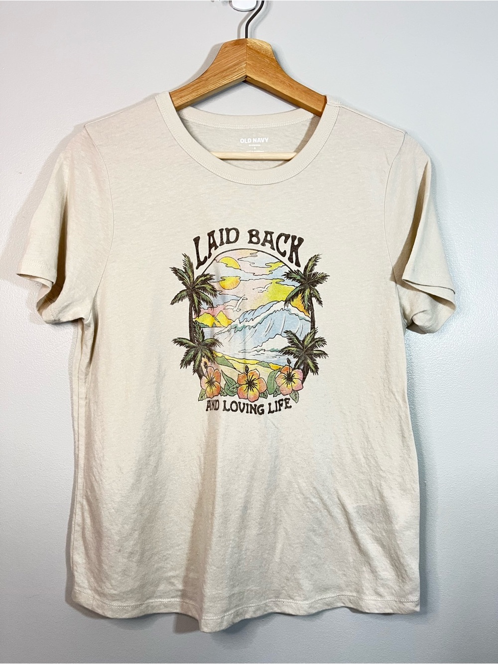 Old Navy Tan Cotton Graphic Tee with Vintage Tropical Summer Print Women’s Small